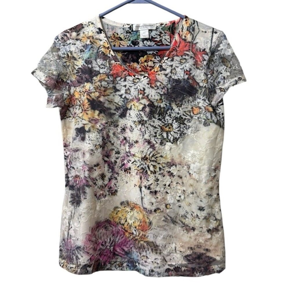 Christopher & Banks Women Floral Short Sleeve T Top Embellished Size Petite Smal